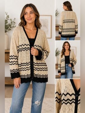 Vintage San Remo black and Cream‎ Women's Cardigan Sweater XL